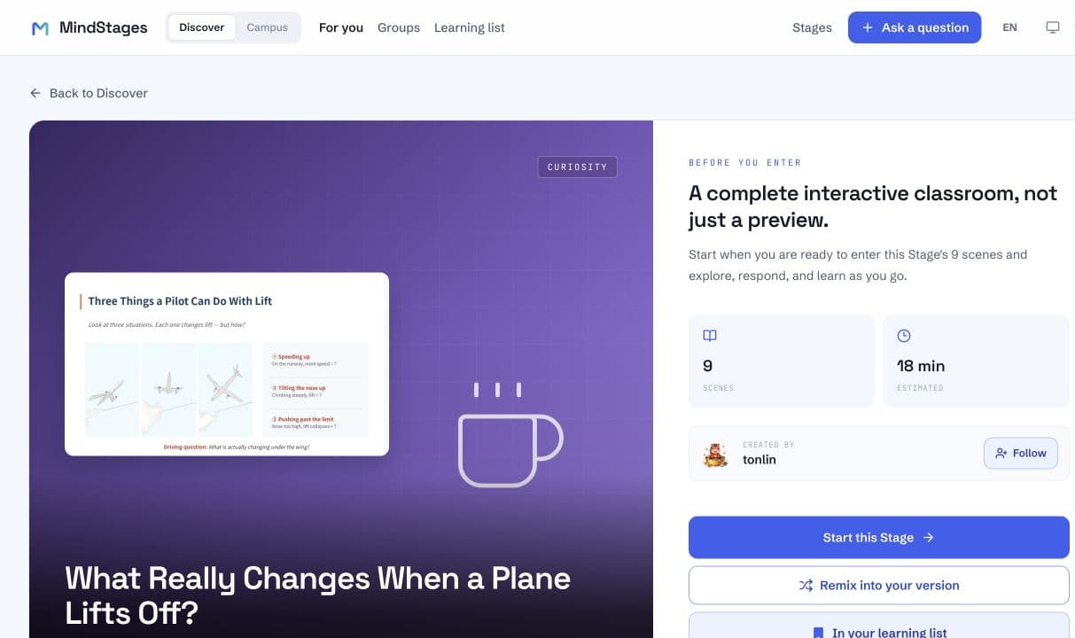 A real MindStages Stage about how airplane lift works, showing a nine-scene interactive classroom